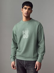 HUGO Green Stacked Smoke Logo Print Ribbed Cotton Sweatshirt - Image 1 of 4