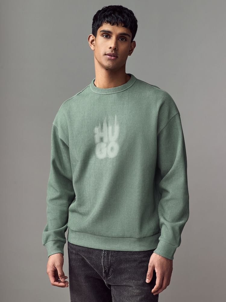 HUGO Green Stacked Smoke Logo Print Ribbed Cotton Sweatshirt - Image 1 of 4