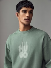 HUGO Green Stacked Smoke Logo Print Ribbed Cotton Sweatshirt - Image 3 of 4