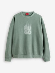 HUGO Green Stacked Smoke Logo Print Ribbed Cotton Sweatshirt - Image 4 of 4