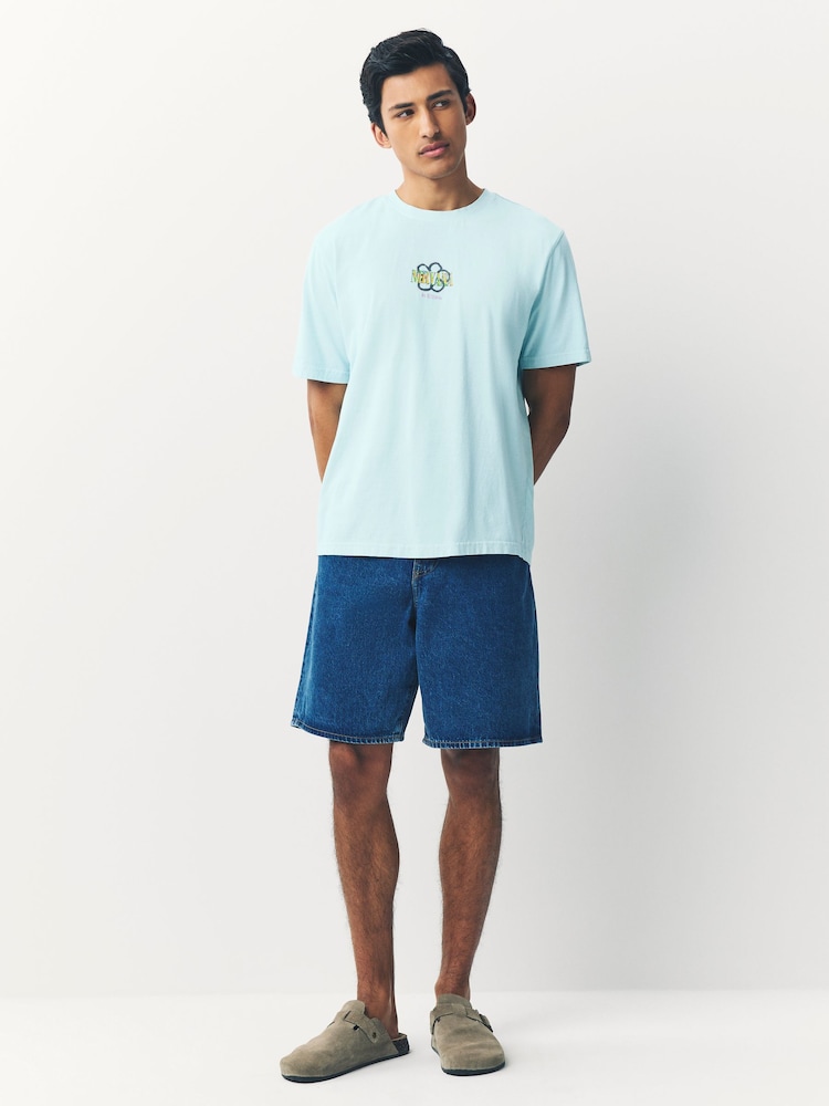 T-shirt Nirvana Smiley Bleu Officiel - Logo Bande, Couleur Light Bleu - Coton, Coupe Classique Homme