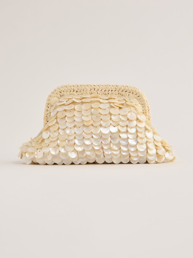 Lipsy Cream Raffia Shell Clutch 100% Cotton Bag - Image 6 of 9