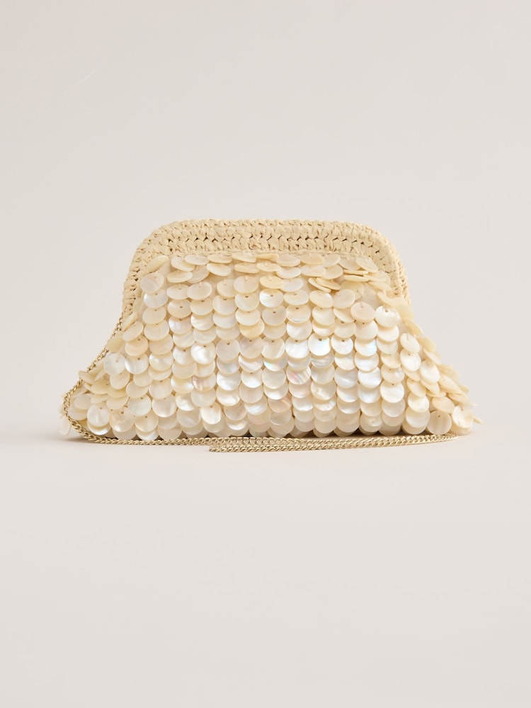 Lipsy Cream Raffia Shell Clutch 100% Cotton Bag - Image 7 of 9