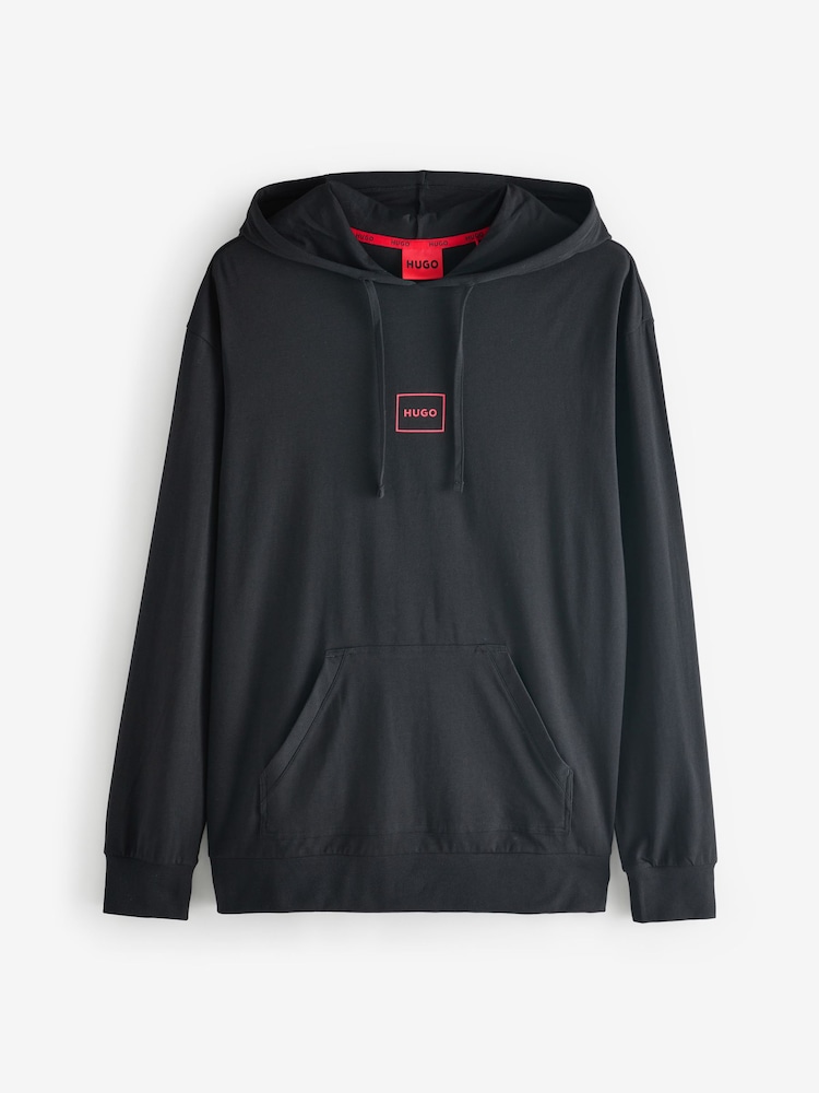 HUGO Black Hugo Logo Print Stretch Cotton Relaxed Fit Hoodie - Image 1 of 4
