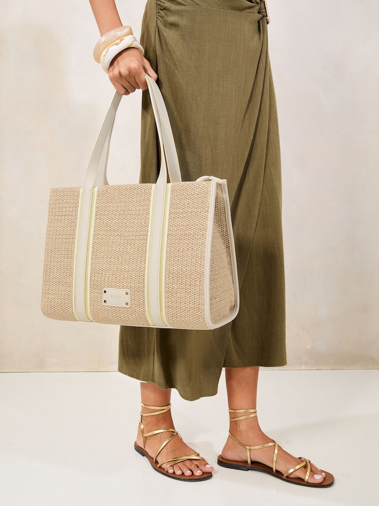 Lipsy Cream Large Raffia Structured Tote Bag - Image 4 of 6