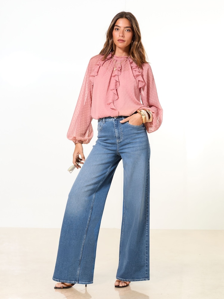 Lipsy Mid Wash Blue Petite Relaxed Wide Leg Jeans - Image 1 of 5