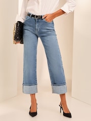 Lipsy Blue Petite Crop Wide Leg Turn Up Jeans - Image 1 of 4