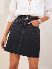 Lipsy Washed Black Petite Denim Double Button Waistband Mini Skirt - Image 1 of 4