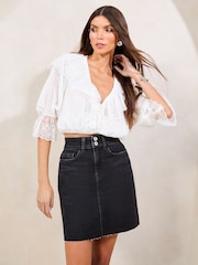 Lipsy Washed Black Petite Denim Double Button Waistband Mini Skirt - Image 4 of 4