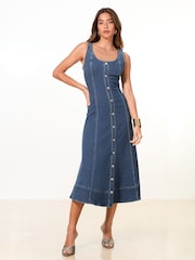Lipsy Mid Wash Blue Petite Strappy Denim Midi Dress - Image 1 of 5