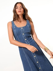 Lipsy Mid Wash Blue Petite Strappy Denim Midi Dress - Image 3 of 5