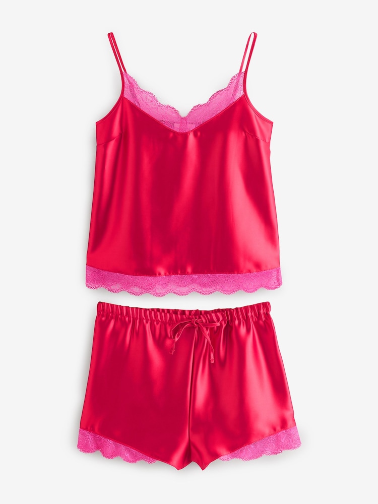Red Lace Trim Cami Shorts Set Pyjamas - Image 1 of 5