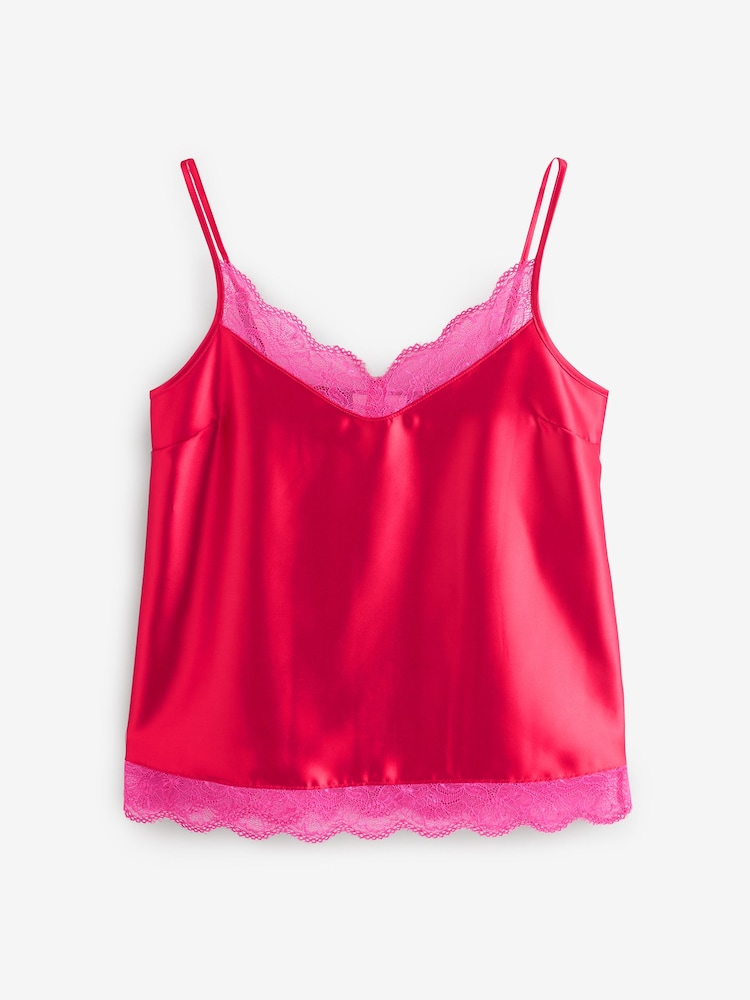 Red Lace Trim Cami Shorts Set Pyjamas - Image 2 of 5