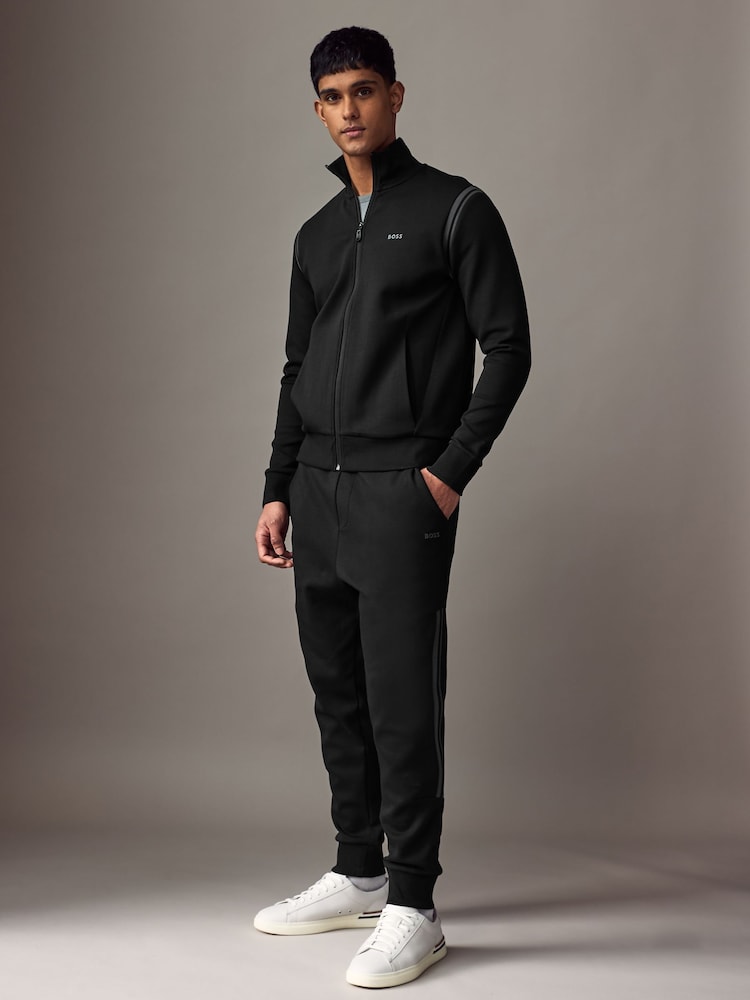 Черный - BOSS Stripe Insert Stretch Zip Neck Sweatshirt and Joggers Tracksuit Set - Image 1 of 7
