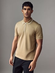 BOSS Natural Regular Fit Zip Placket Structured Polo Shirt - Image 1 of 5