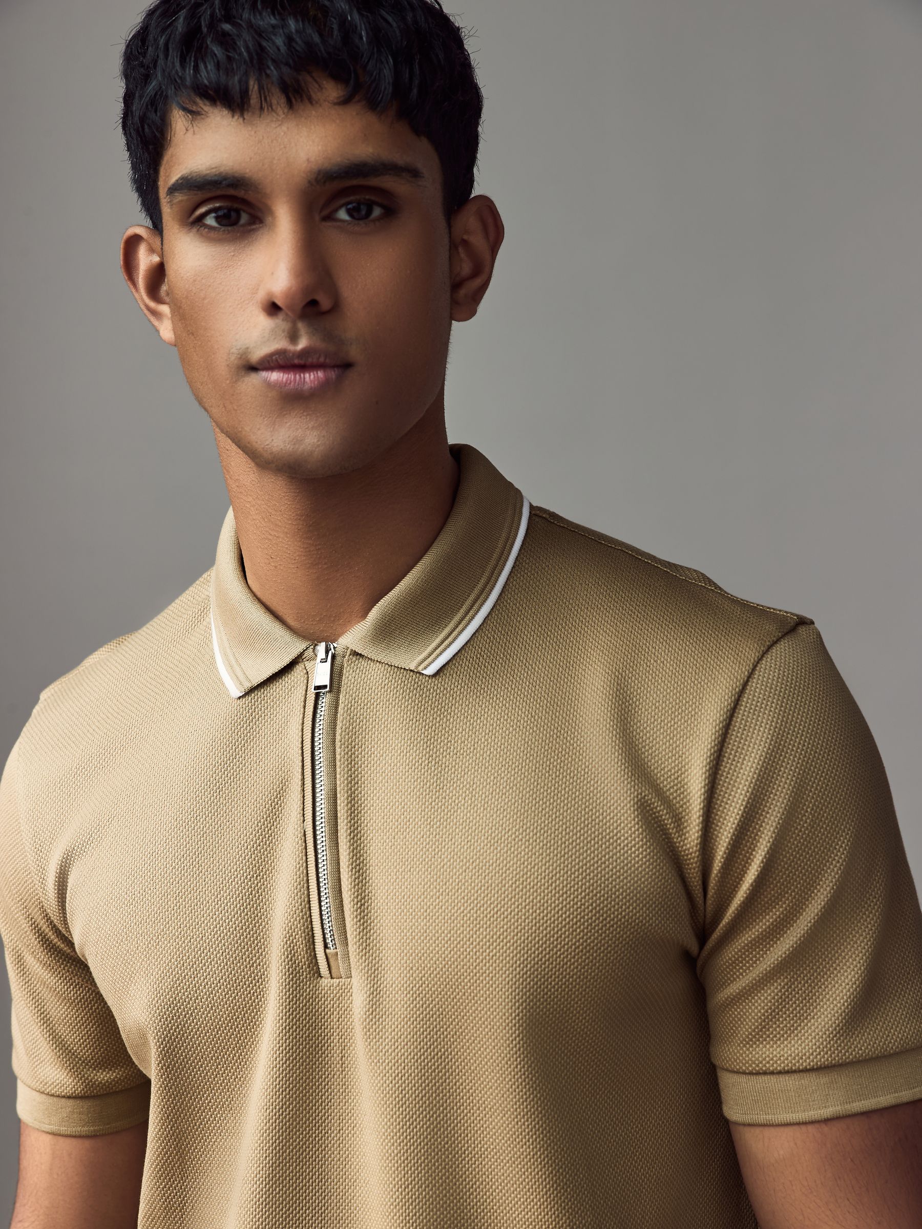 Buy BOSS Natural Regular Fit Zip Placket Structured Polo Shirt