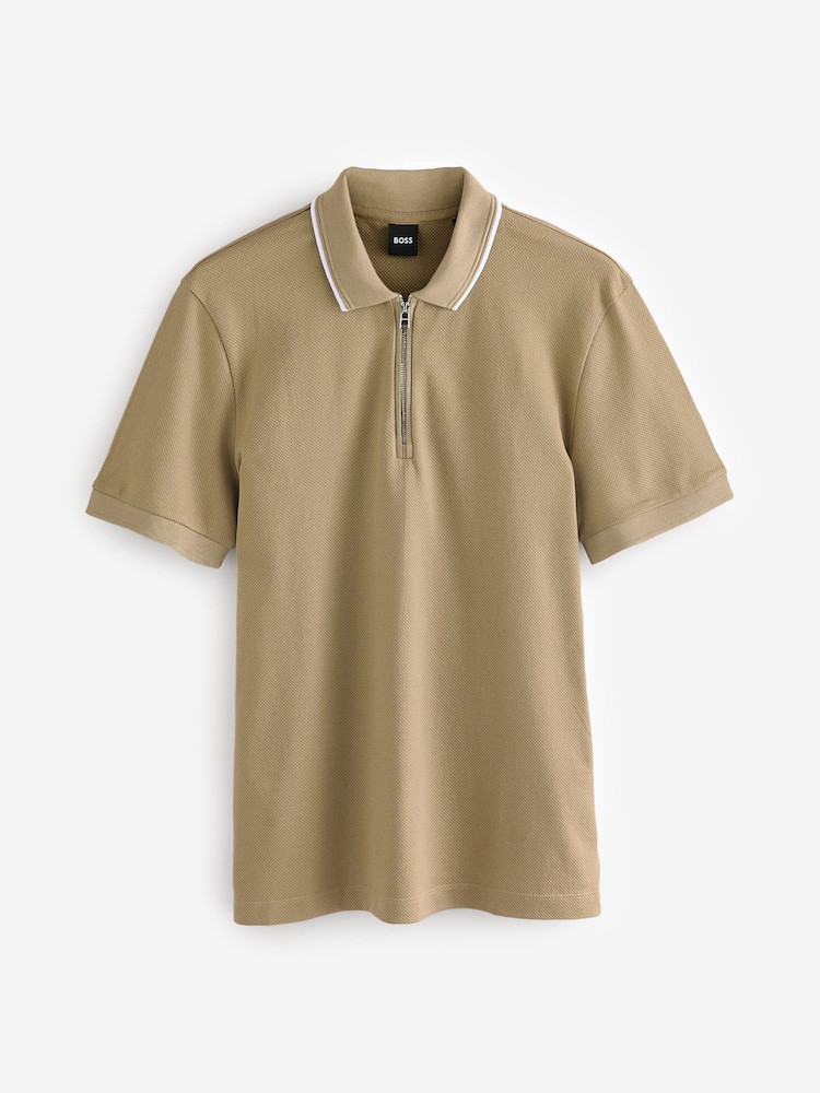 BOSS Natural Regular Fit Zip Placket Structured Polo Shirt - Image 5 of 5