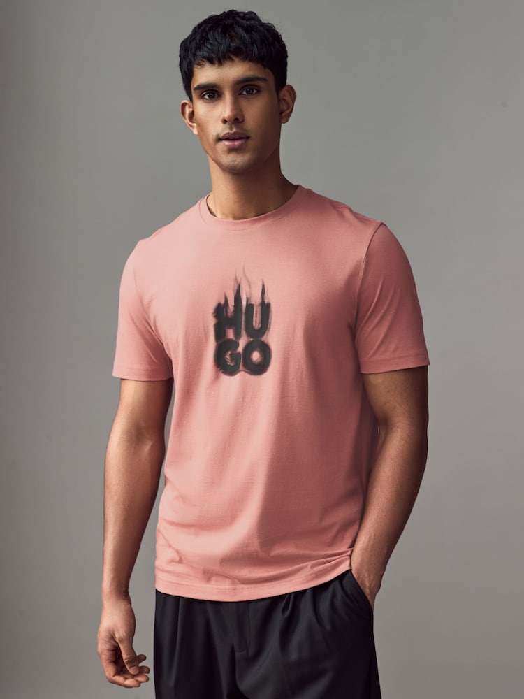 HUGO Pink Stacked Smoke Logo 100% Cotton Jersey T-Shirt - Image 1 of 4