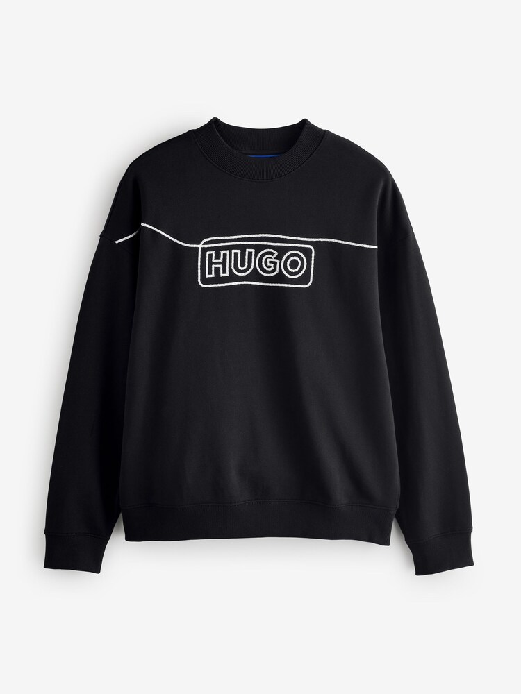 HUGO Black Chain Stitch Logo Terry 100% Cotton Sweatshirt - Image 4 of 4