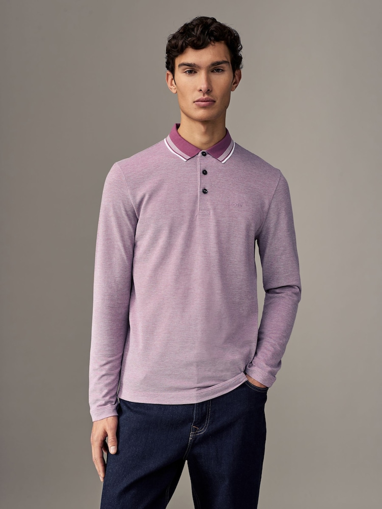 BOSS Purple Long Sleeve 100% Cotton Polo Shirt - Image 1 of 5