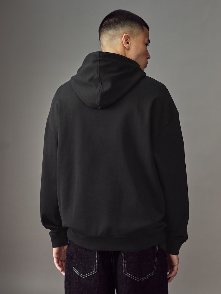 HUGO Black Chain Stitch Logo 100% Cotton Terry Hoodie - Image 2 of 4