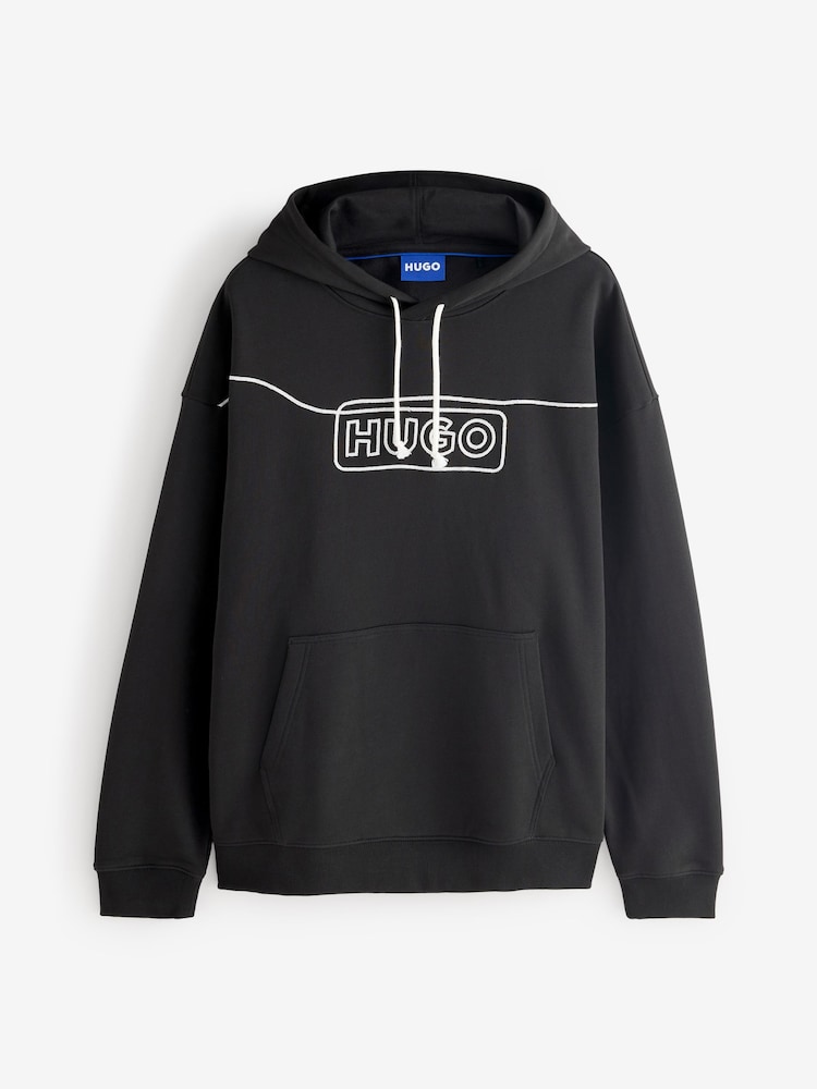 HUGO Black Chain Stitch Logo 100% Cotton Terry Hoodie - Image 4 of 4