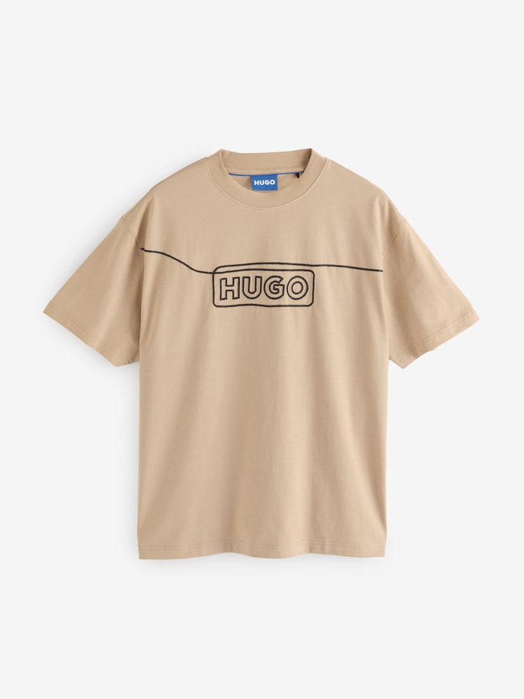 HUGO Natural Chain Stitch Logo Terry 100% Cotton T-Shirt - Image 4 of 4
