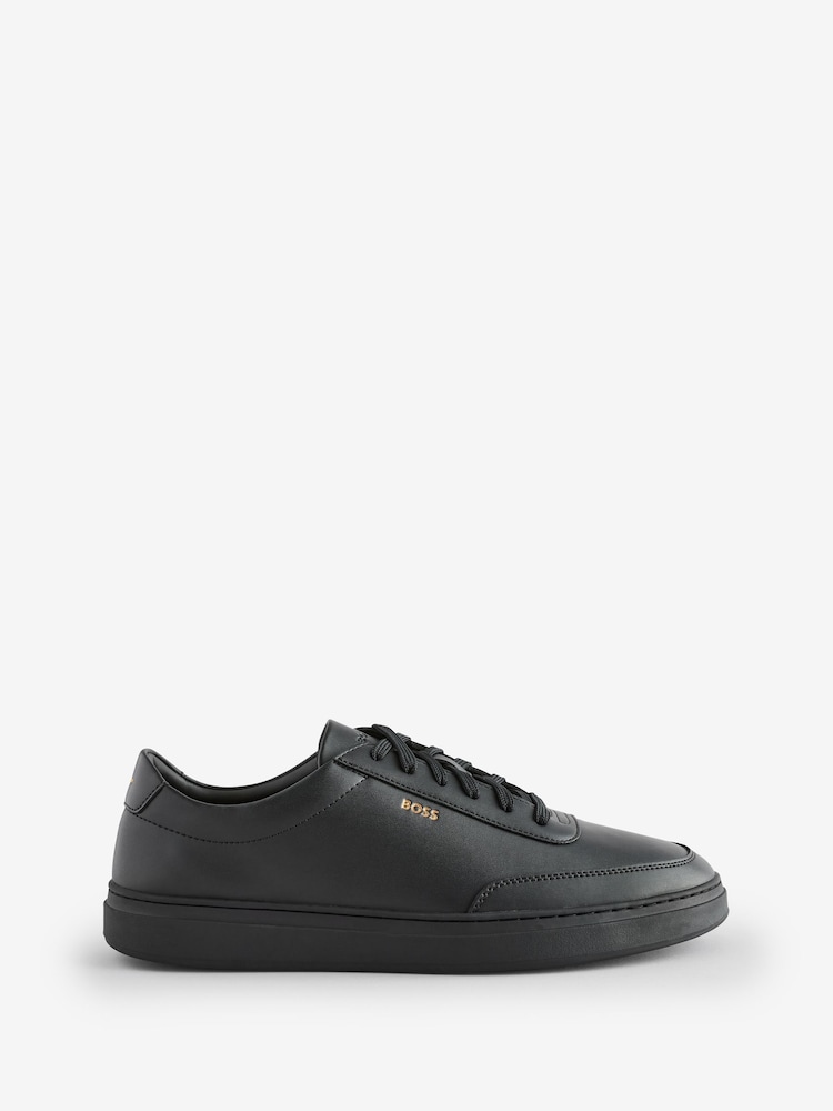 BOSS Black Coated-Leather Trainers With Gold-Tone Logo - Image 1 of 6