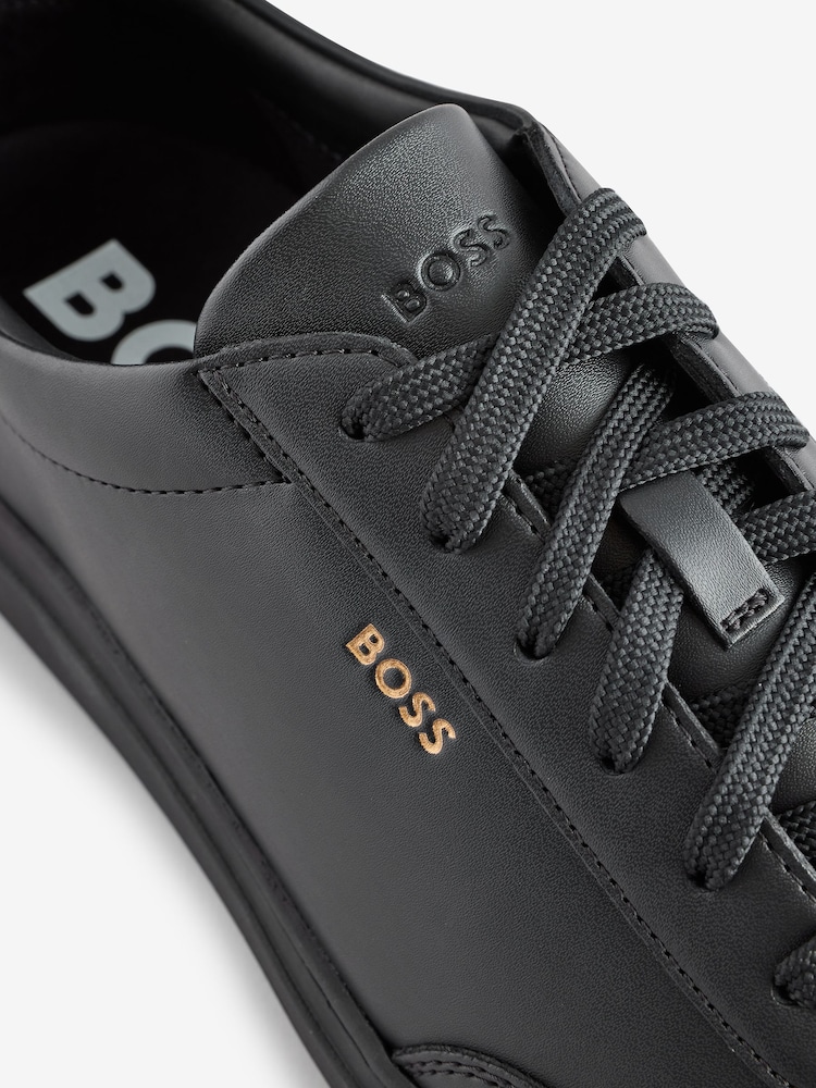 BOSS Black Coated-Leather Trainers With Gold-Tone Logo - Image 6 of 6