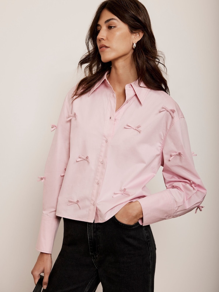 Mint Velvet Pink Bow Detail Cropped 100% Cotton Shirt - Image 1 of 4