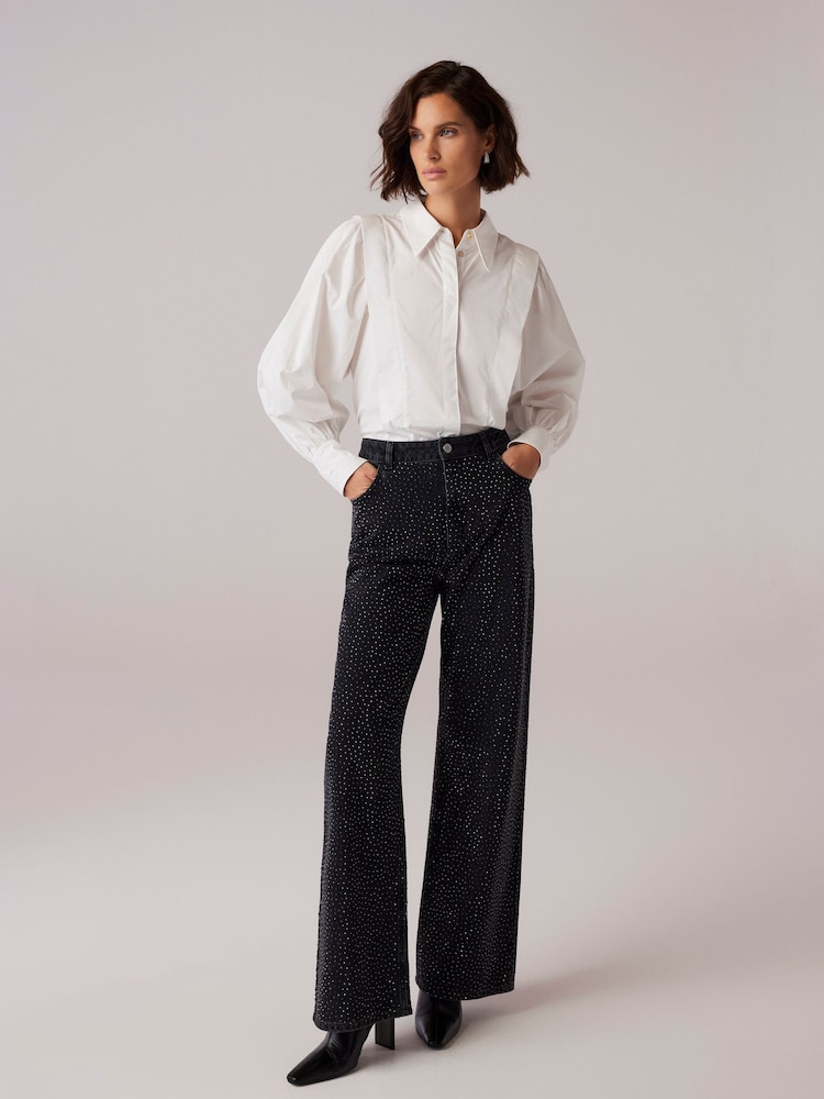 Mint Velvet Black Washed Diamante Wide 100% Cotton Jeans - Image 2 of 4 Mint Velvet Black Washed Diamante Wide 100% Cotton Jeans - Image 2 of 4