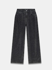 Mint Velvet Black Washed Diamante Wide 100% Cotton Jeans - Image 3 of 4