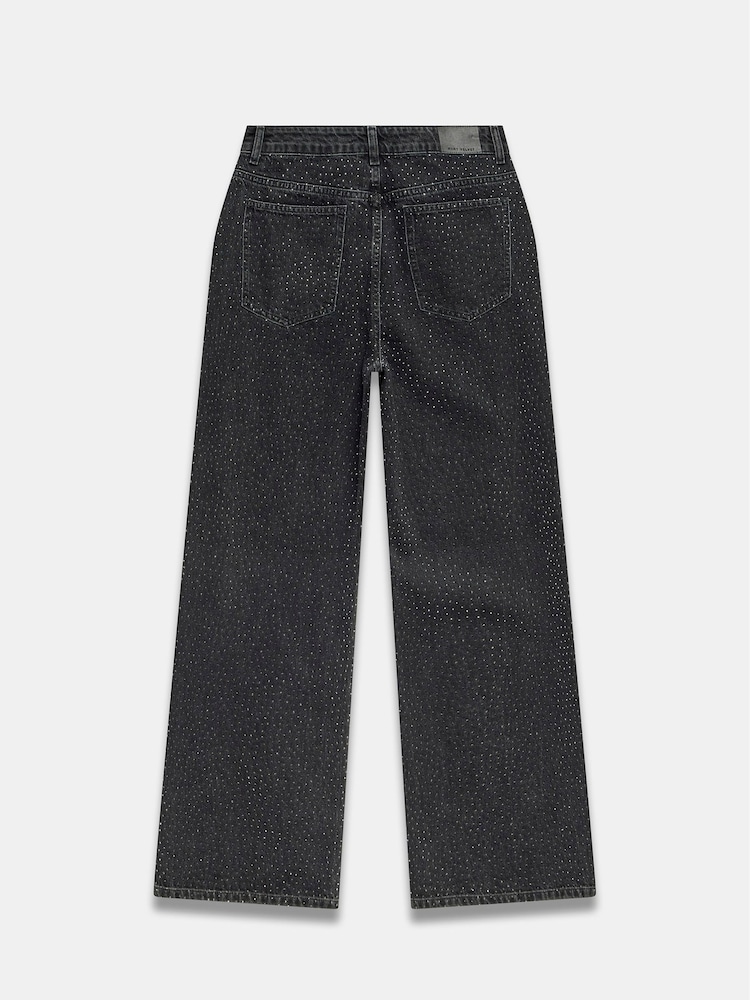 Mint Velvet Black Washed Diamante Wide 100% Cotton Jeans - Image 4 of 4