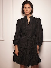 Mint Velvet Black Mini Jacquard Frill Dress - Image 1 of 4