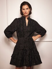 Mint Velvet Black Mini Jacquard Frill Dress - Image 2 of 4