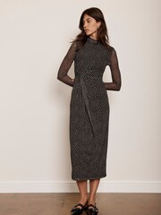 Mint Velvet Black Spot Print Mesh Midi Dress - Image 1 of 4
