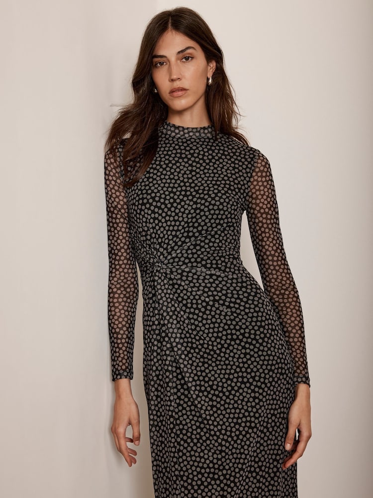 Mint Velvet Black Spot Print Mesh Midi Dress - Image 2 of 4 Mint Velvet Black Spot Print Mesh Midi Dress - Image 2 of 4