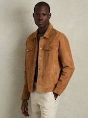 Reiss Tobacco Brown Eden Suede Trucker Jacket - Image 1 of 7