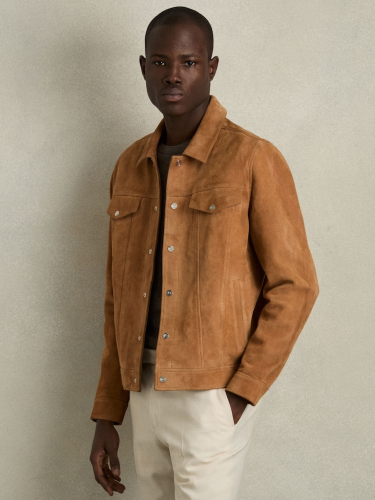 Reiss Tobacco Brown Eden Suede Trucker Jacket - Image 1 of 7
