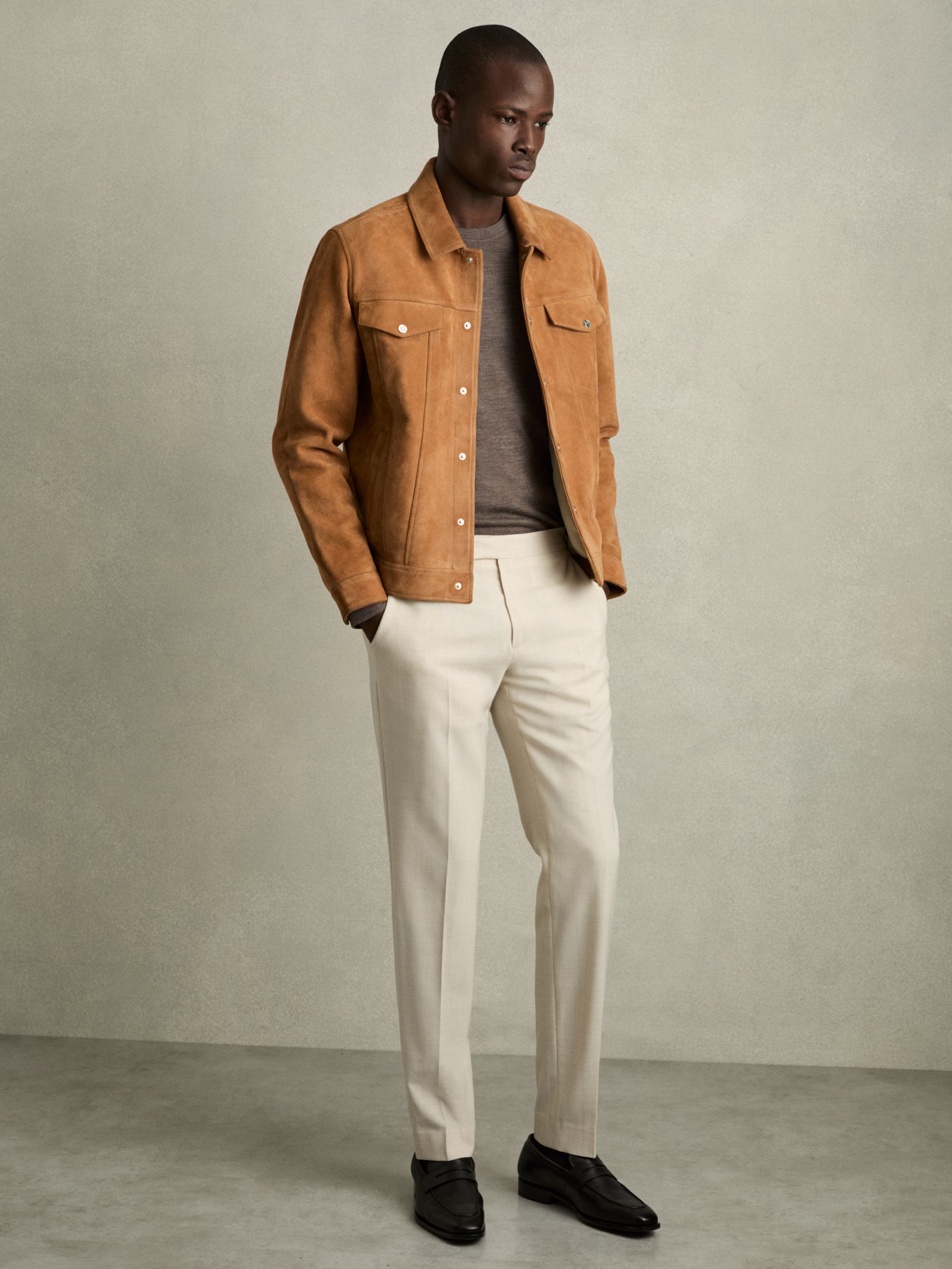 Buy Reiss Tobacco Brown Eden Suede Press-Stud Jacket from Buy Reiss Tobacco Brown Eden Suede Press-Stud Jacket from
