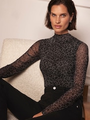 Mint Velvet Grey Animal Print Mesh Top - Image 1 of 4