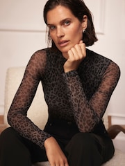 Mint Velvet Grey Animal Print Mesh Top - Image 2 of 4