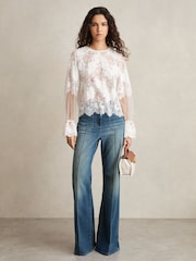Reiss Ivory Emilia Lace Flared-Cuff Blouse - Image 1 of 8
