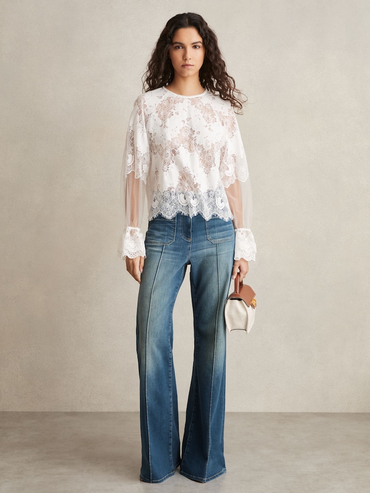 Reiss Ivory Emilia Lace Flared-Cuff Blouse - Image 1 of 8