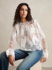 Reiss Ivory Emilia Lace Flared-Cuff Blouse - Image 4 of 8