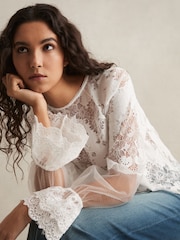 Reiss Ivory Emilia Lace Flared-Cuff Blouse - Image 5 of 8