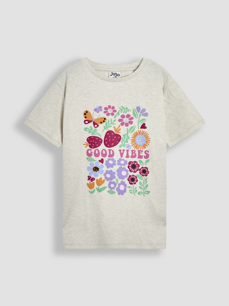 JoJo Maman Bébé Cream Good Vibes Classic Crew Neck T-Shirt - Image 1 of 3