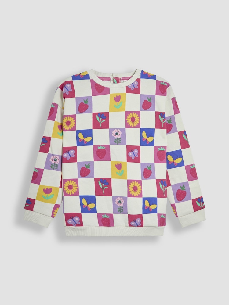 JoJo Maman Bébé Cream Garden Checkered Printed Crew Neck Sweatshirt - Image 1 of 3