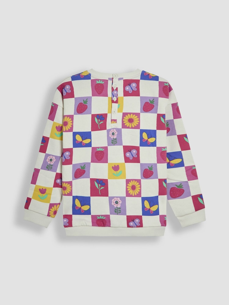 JoJo Maman Bébé Cream Garden Checkered Printed Crew Neck Sweatshirt - Image 2 of 3