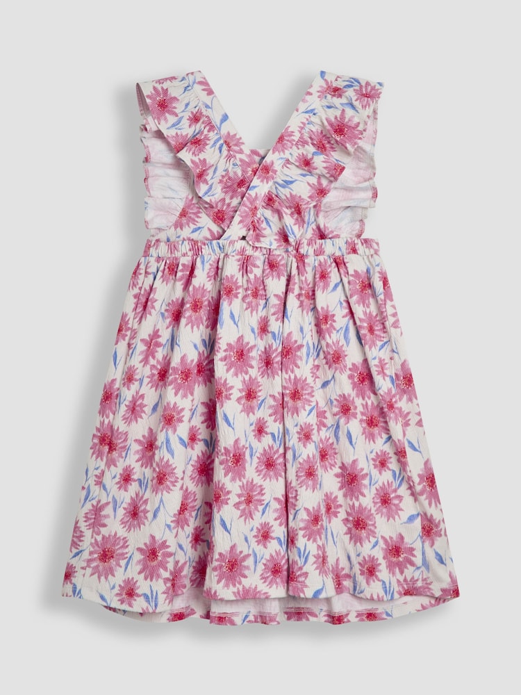 JoJo Maman Bébé Pink Floral Frill Shoulder Cross Back Dress - Image 2 of 3